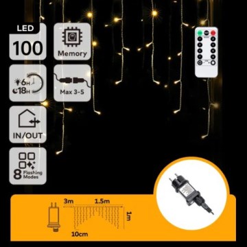 Aigostar - LED vanjski lanac 100xLED/6W/230V/8 funkcija 1,5x1m IP44 topla bijela + daljinski upravljač