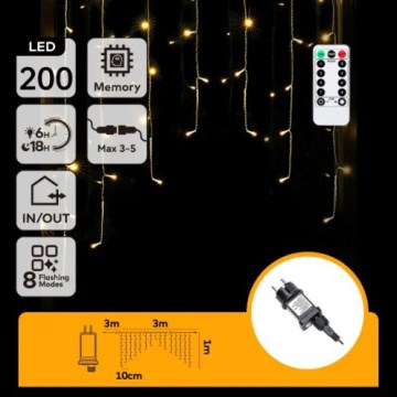 Aigostar - LED vanjski lanac 200xLED/6W/230V/8 funkcija 3x1m IP44 topla bijela + daljinski upravljač