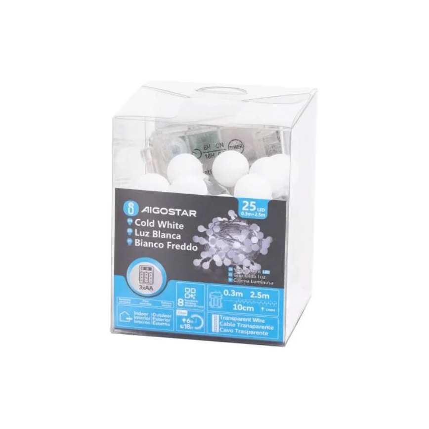 Aigostar - LED Vanjske božićne lampice 25xLED/3xAA/8 funkcija 2,8 m IP44 hladna bijela