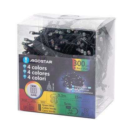Aigostar - LED vanjski lanac, 300 LED, 8 funkcija, 3xAA, 15,3 m, IP44, u više boja