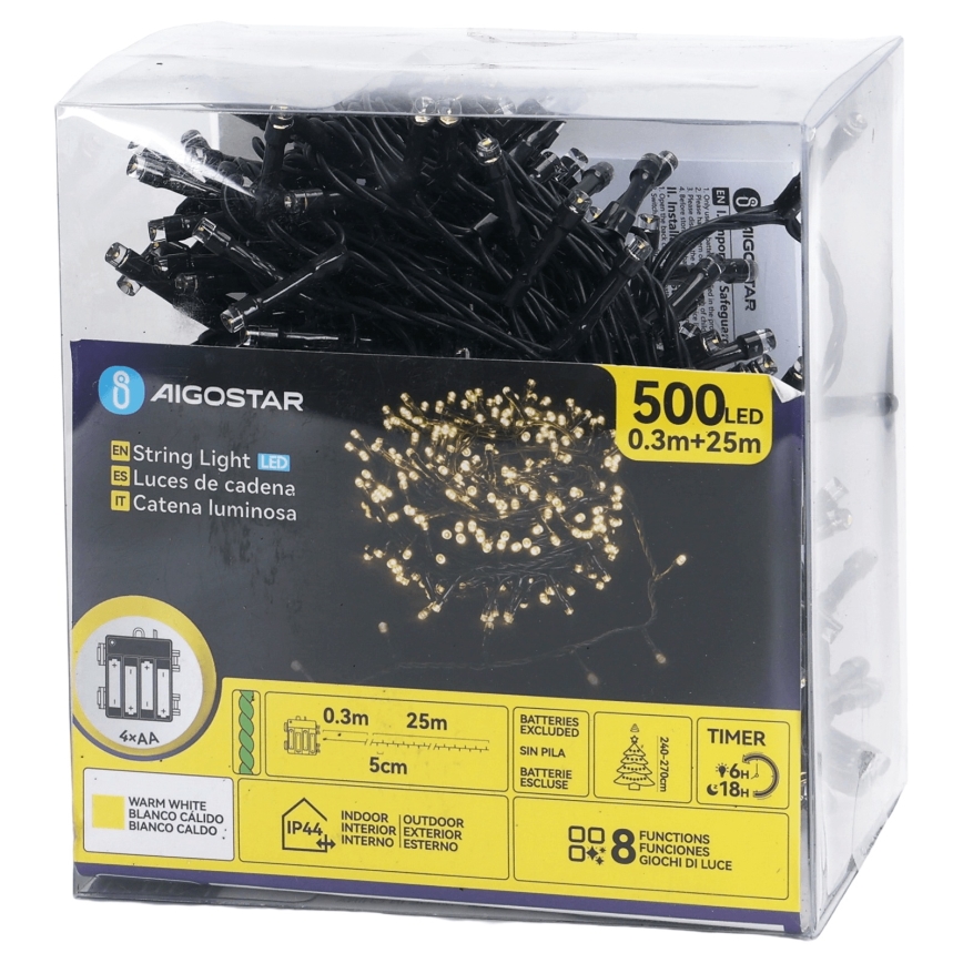 Aigostar - LED vanjska svjetleća girlanda 500x LED / 8 funkcija / 4xAA / 25,3 m / IP44 / topla bijela