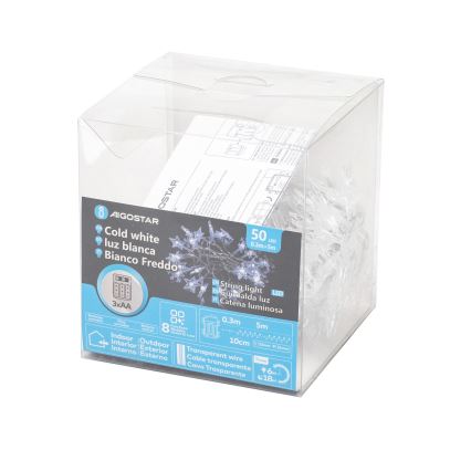 Aigostar - LED vanjski lanac 50xLED/8 funkcija, 3xAA, 5 m, IP44, hladno bijela