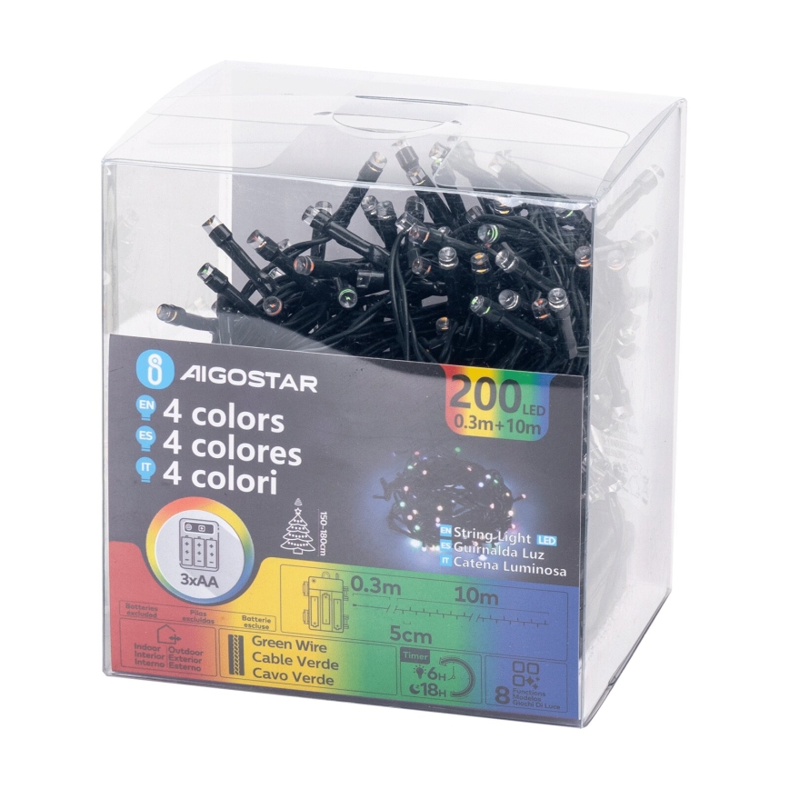 Aigostar -LED Vanjski LED lanac 200xLED/8 funkcija 3xAA 10,3m IP44 višebojno
