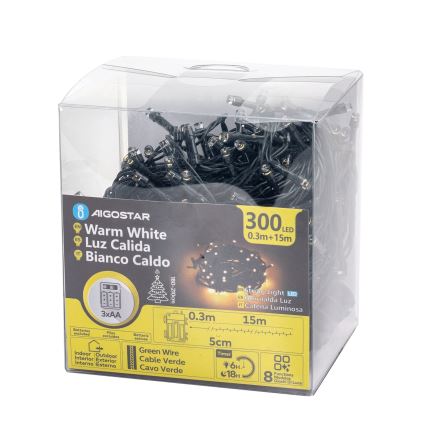 Aigostar-LED Vanjski LED lanac 300xLED/8 funkcija 3xAA 15,3m IP44 topla bijela