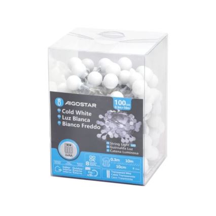Aigostar - LED vanjski božićni niz 100xLED/3xAA/8 funkcija 10,3 m IP44 hladno bijela