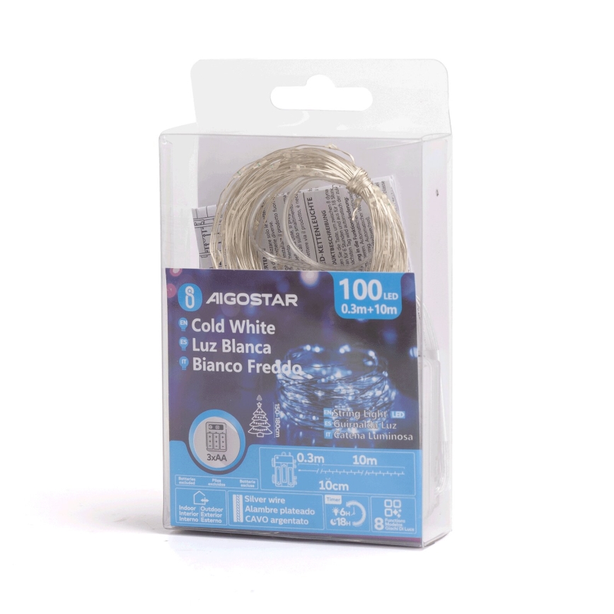 Aigostar - LED vanjski svjetlosni niz 100xLED/8 funkcija/3xAA 10,3m IP44 hladno bijela