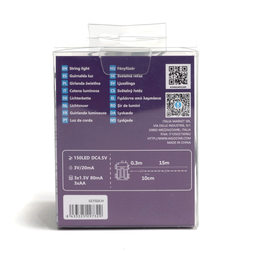 Aigostar -LED vanjski  niz 150xLED/8 funkcija 3xAA 15,3m IP44 topla bijela