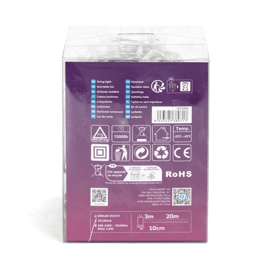 Aigostar - LED vanjski niz 200xLED/8 funkcija 23m IP44 hladno bijela