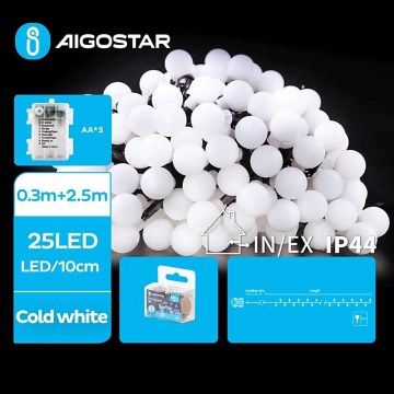 Aigostar - LED vanjski niz 25xLED/3xAA/8 funkcija 2,8 m IP44 hladno bijela