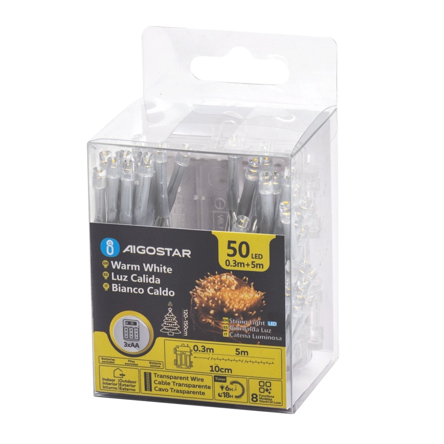 Aigostar - LED vanjski niz 50xLED/8 funkcija, 3xAA, 5,3 m, IP44, topla bijela