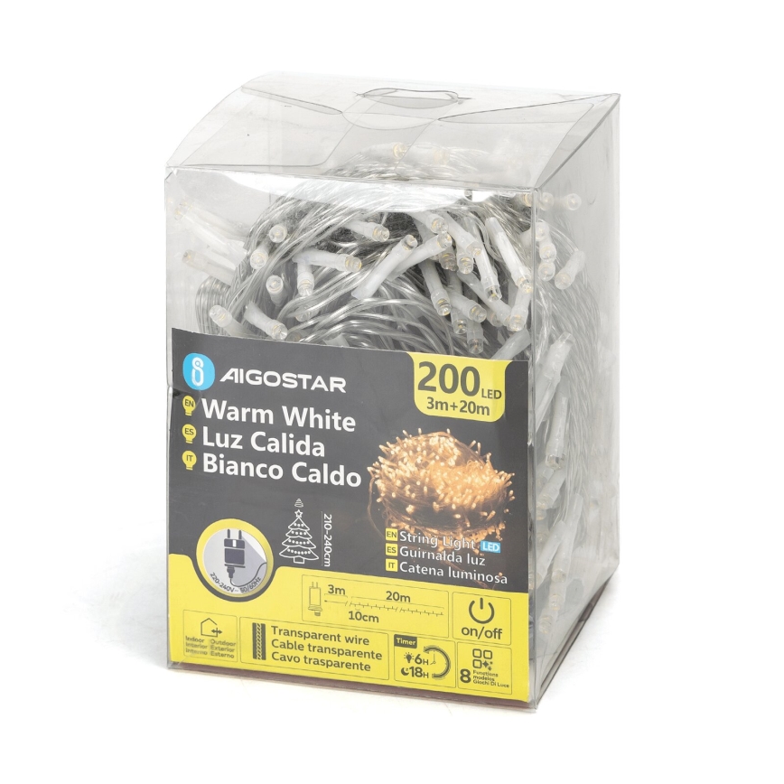 Aigostar - LED vanjski svjetleći lanac, 200 LED / 8 funkcija, 23 m, IP44, topla bijela