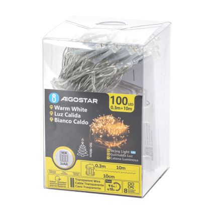 Aigostar - LED vanjski svjetlosni lanac 100 LED/8 funkcija, 3xAA, 10,3 m, IP44, topla bijela