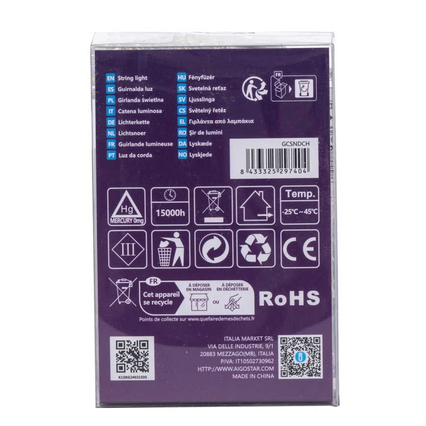 Aigostar - LED vanjski svjetlosni lanac 100 LED/8 funkcija, 3xAA, 10,3 m, IP44, topla bijela