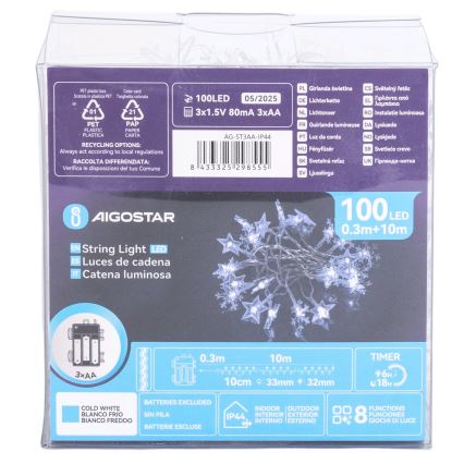 Aigostar - Vanjski LED niz 100x LED/8 funkcija, napajanje 3x AA, 10 m, IP44, hladno bijela
