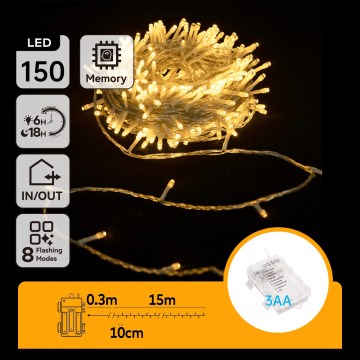 Aigostar -LED vanjski svjetlosni lanac 150xLED/8 funkcija 3xAA 15,3m IP44 topla bijela