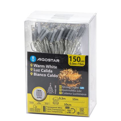 Aigostar -LED vanjski svjetlosni lanac 150xLED/8 funkcija 3xAA 15,3m IP44 topla bijela