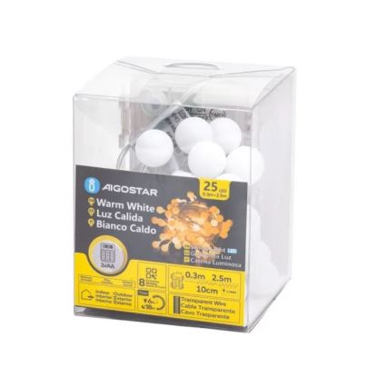 Aigostar-LED Vanjski svjetlosni lanac 25xLED/3xAA/8 funkcija 2,8 m IP44 topla bijela