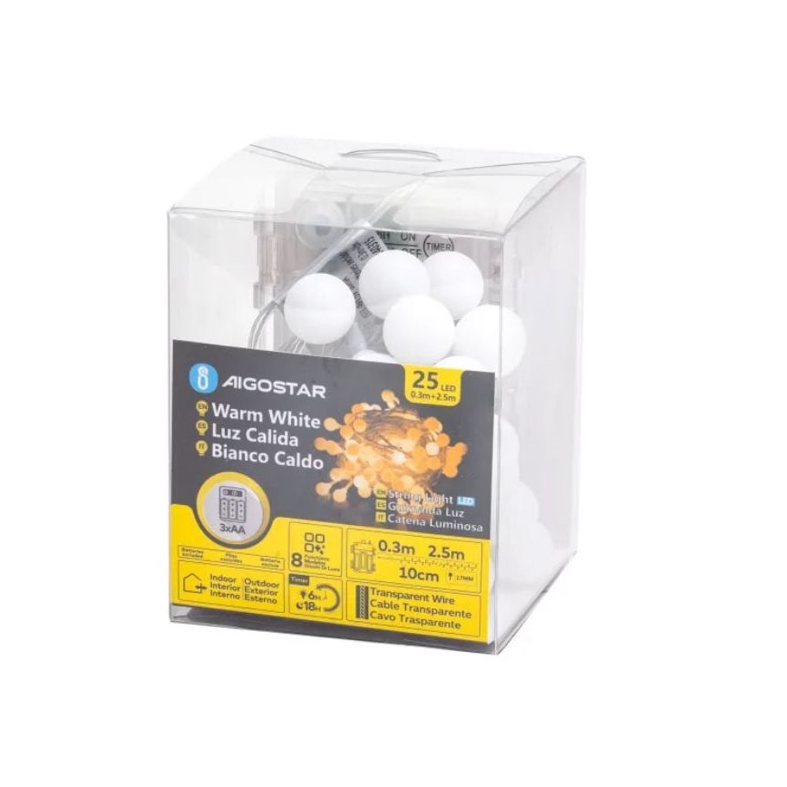 Aigostar-LED Vanjski svjetlosni lanac 25xLED/3xAA/8 funkcija 2,8 m IP44 topla bijela