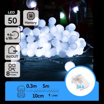 Aigostar - LED vanjski svjetlosni lanac 50xLED/3xAA/8 funkcija 5,3 m IP44 hladno bijela