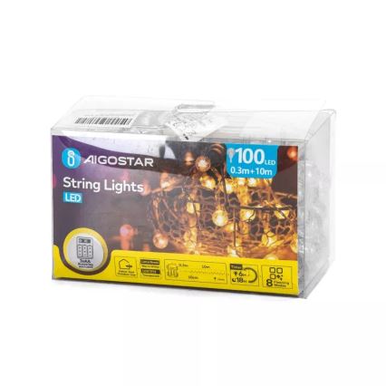 Aigostar - LED vanjski niz 100xLED/3xAA/8 funkcija, 10,3 m, IP44, topla bijela