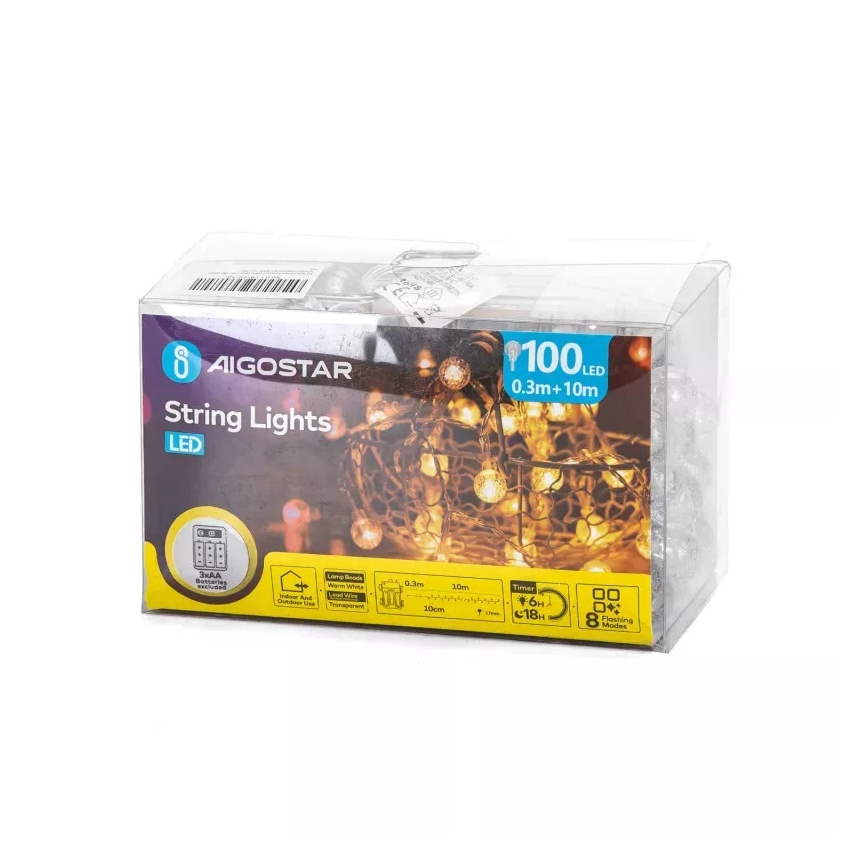 Aigostar - LED vanjski niz 100xLED/3xAA/8 funkcija, 10,3 m, IP44, topla bijela