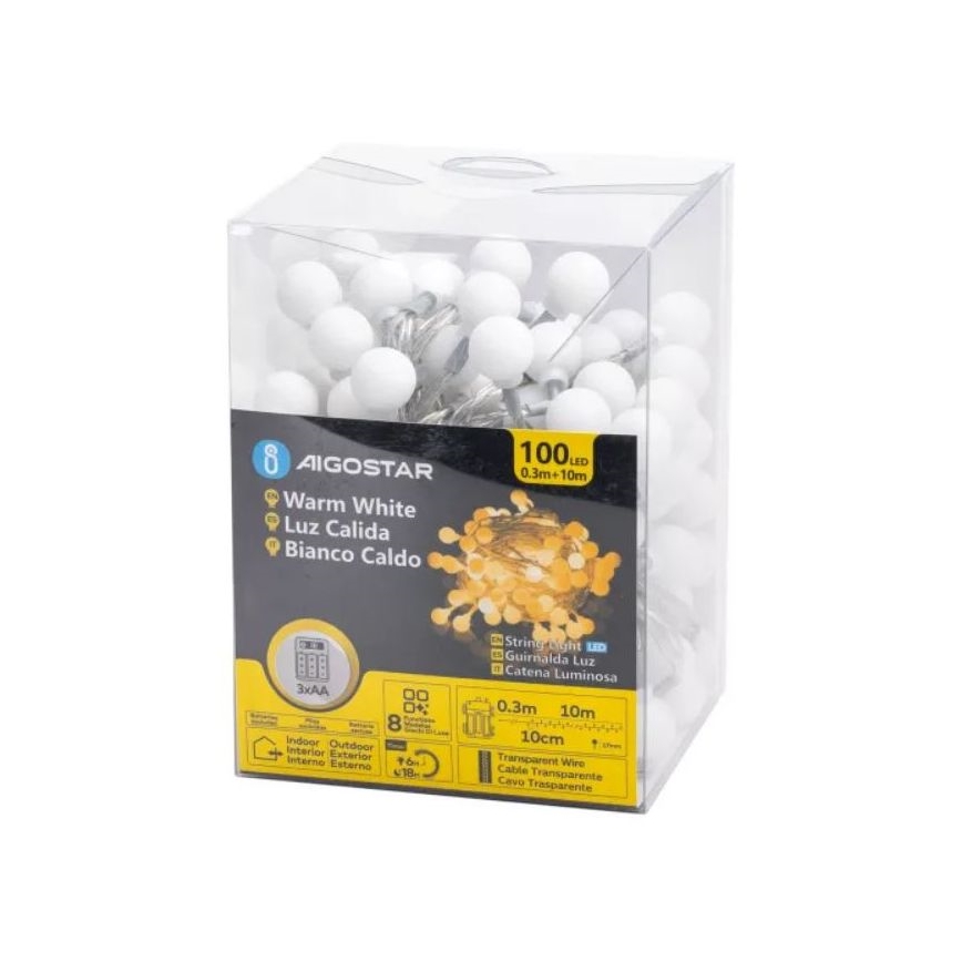 Aigostar - LED vanjski svjetlosni niz 100xLED/3xAA/8 funkcija 10,3 m IP44 topla bijela