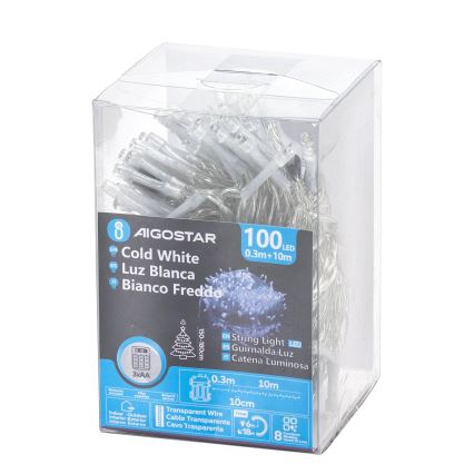 Aigostar - LED vanjski  niz 100xLED/8 funkcija/3xAA 10,3m IP44 hladno bijela
