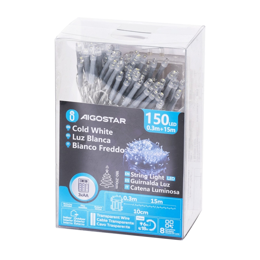 Aigostar - LED vanjski svjetlosni niz 150xLED/8 funkcija 15,3m IP44 hladno bijela