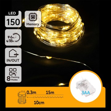 Aigostar -LED vanjski svjetlosni niz 150xLED/8 funkcija 3xAA 15,3m IP44 topla bijela