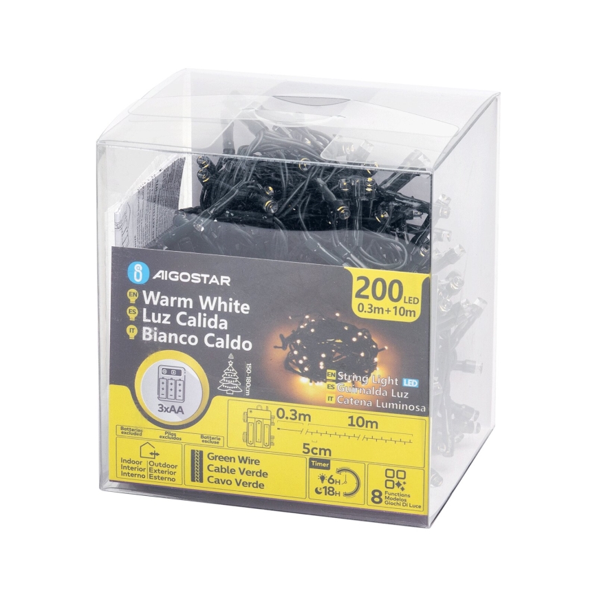 Aigostar - Vanjski LED niz, 200 LED, 8 funkcija, 3xAA, 10,3 m, IP44, topla bijela