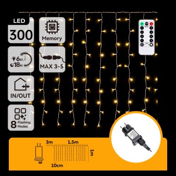 Aigostar - LED vanjski svjetlosni niz 300xLED/8 funkcija 3x1m IP44 topla bijela + daljinski upravljač