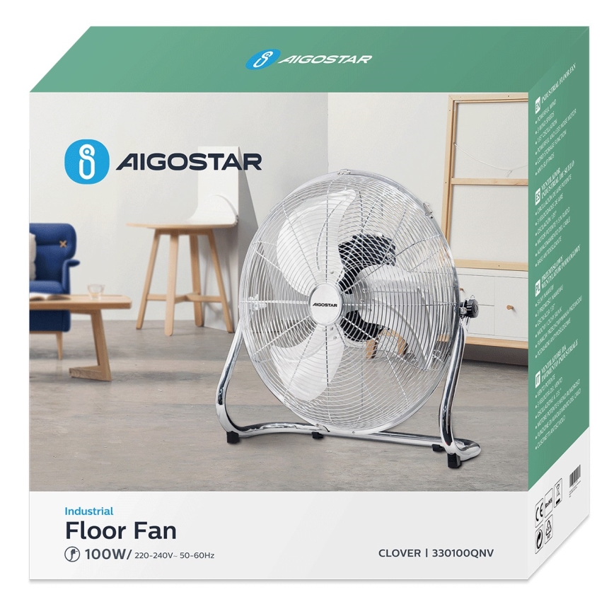 Aigostar - Podni ventilator 100W/230V sjajni krom