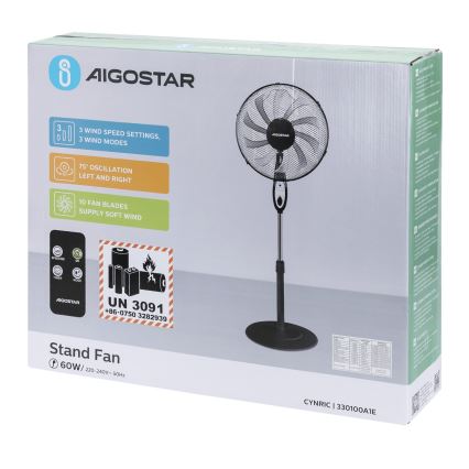Aigostar - Podni ventilator 60W/230V crna + daljinski upravljač