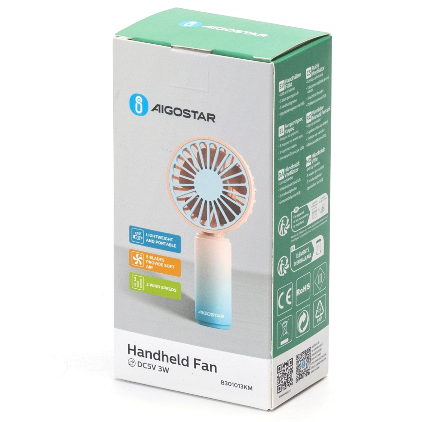 Aigostar - Prijenosni punjivi ventilator 3W/5V 500mAh USB ružičasta/plava