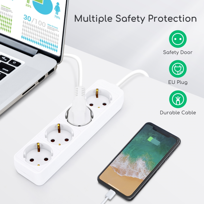Aigostar - Produžni kabel 4 utičnice Tip F 1,5m bijeli SCHUKO