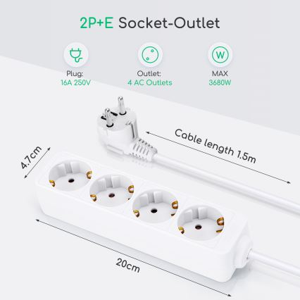 Aigostar - Produžni kabel 4 utičnice Tip F 1,5m bijeli SCHUKO