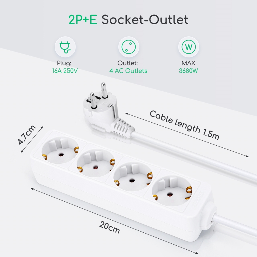 Aigostar - Produžni kabel 4 utičnice Tip F 1,5m bijeli SCHUKO