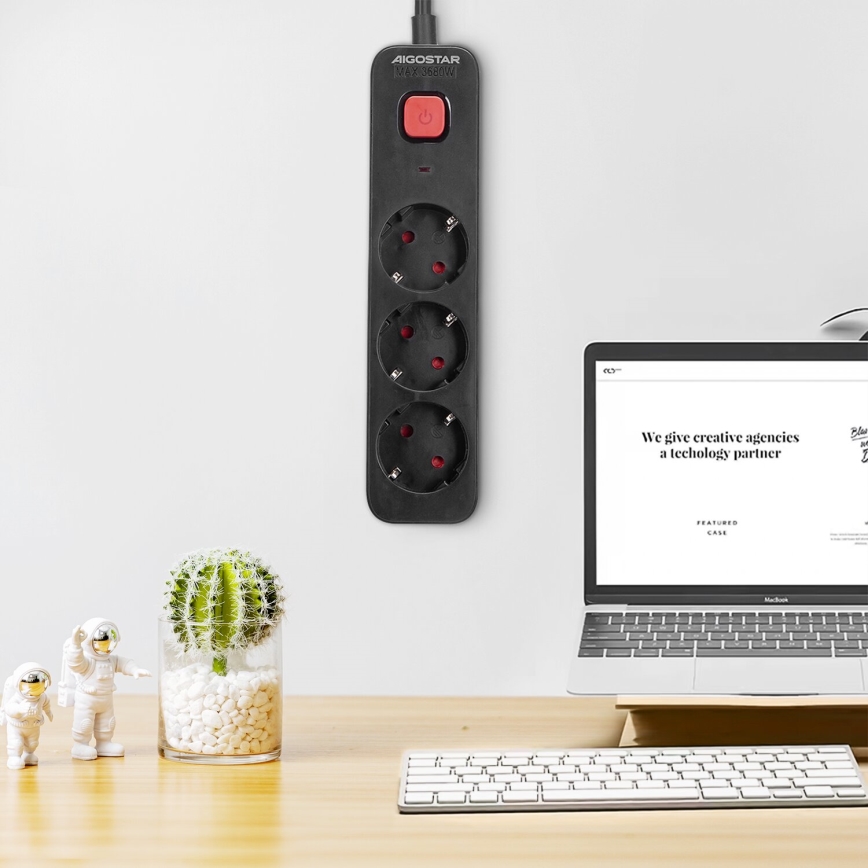 Aigostar - Produžni kabel s prekidačem 3U Tip F 1,5m crna