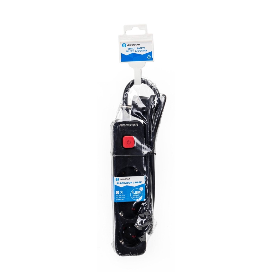 Aigostar - Produžni kabel s prekidačem 3U Tip F 1,5m crna