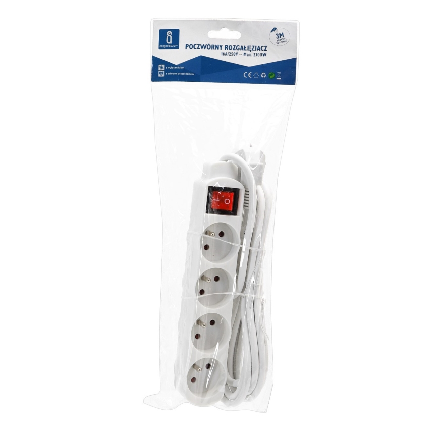 Aigostar - Produžni kabel s prekidačem 4U 3m bijela