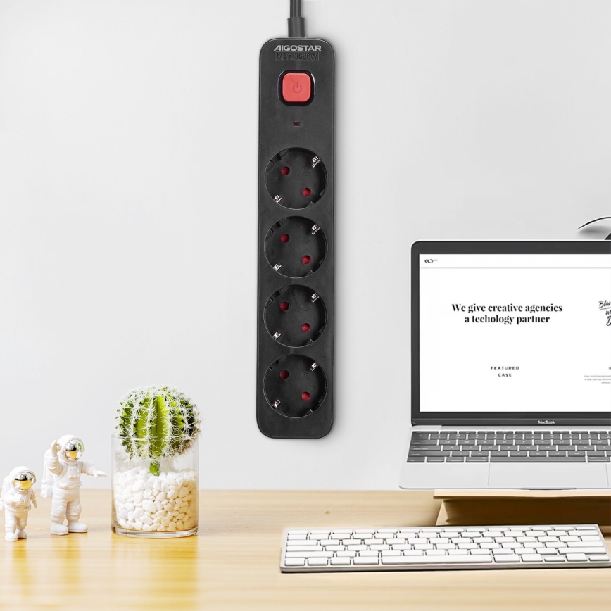 Aigostar - Produžni kabel s prekidačem 4U Tip F 1,5m crna