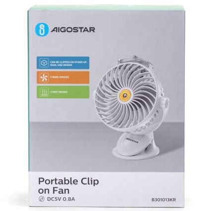 Aigostar - Punjaći stolni ventilator s kopčom 2W/5V 2400mAh USB bijeli