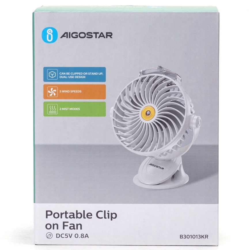 Aigostar - Punjaći stolni ventilator s kopčom 2W/5V 2400mAh USB bijeli