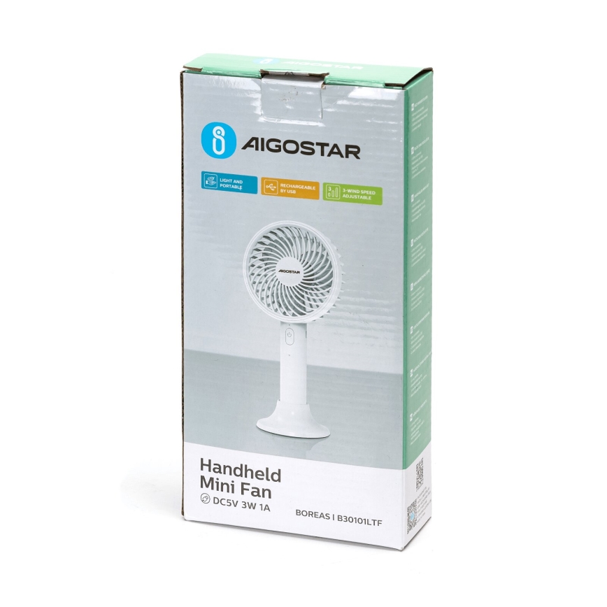 Aigostar - Punjivi džepni ventilator 3W/5V 1500mAh USB bijela