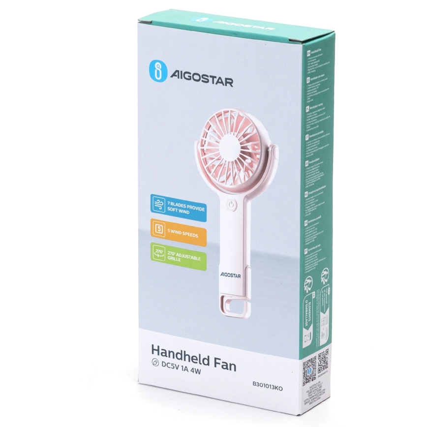Aigostar - Punjivi džepni ventilator 4,5W/3,7V 1200mAh USB ružičasta