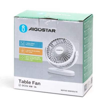 Aigostar - Punjivi stolni ventilator 4W/5V 1500mAh bijela
