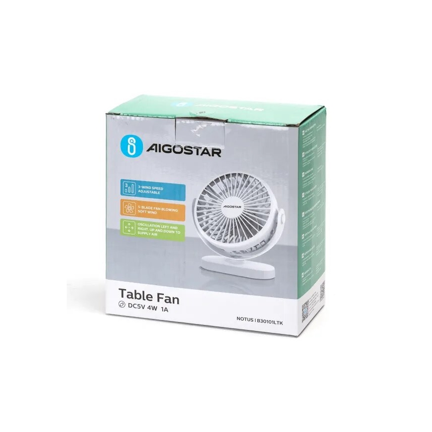 Aigostar - Punjaći stolni ventilator 4W/5V 1500mAh bijeli