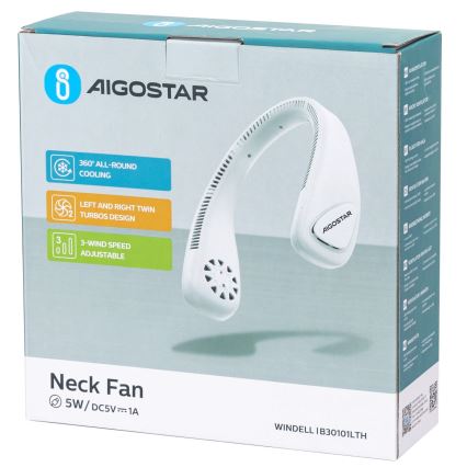 Aigostar - Punjivi ventilator za vrat 4W/5V 2000mAh bijela