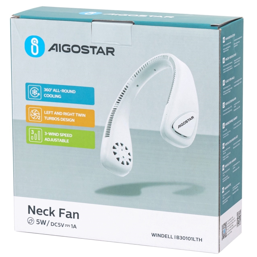 Aigostar - Punjivi ventilator za vrat 4W/5V 2000mAh bijela