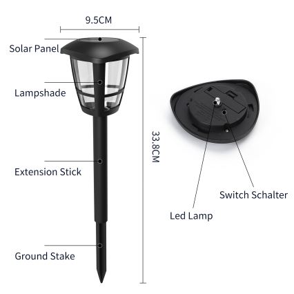 Aigostar - Komplet 12x LED solarnih lampi LED/0,06W/2V 33,8 cm 6500K 100 mAh IP44 crna